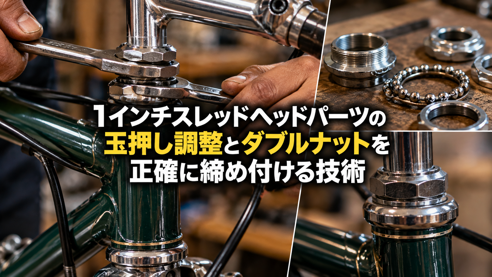1インチスレッドヘッドパーツの玉押し調整とダブルナットを正確に締め付ける技術